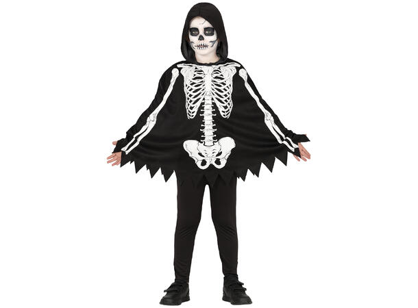 Skjelettdrakt - Poncho og hette - Sort 1 Barnekostyme Unisex - Str 7-9 År 