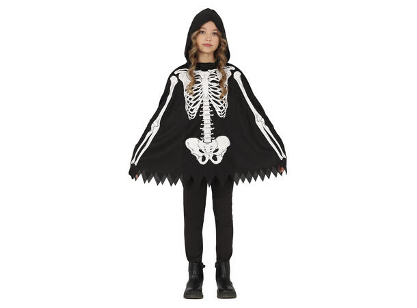 Skjelettdrakt - Poncho og hette - Sort 1 Barnekostyme Unisex - Str 7-9 År 