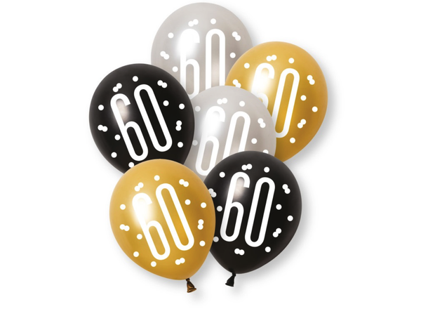 Sort & Sølv Glitz - #60 6 Gummiballonger - 30cm (12") - 3 farger