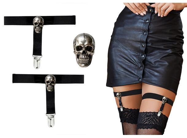 Strømpebånd m/hodeskalle 1 par i metall/kunstlær 