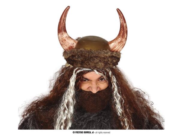 Vikinghjelm m/horn og pels - Brun 1 Hjelm i kunstlær til voksen - Onesize 