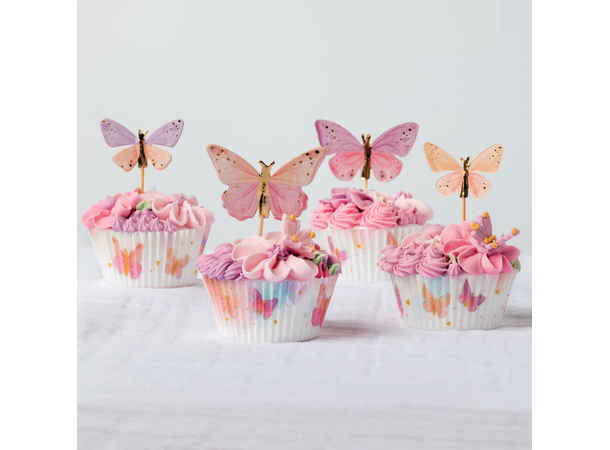 Sommerfugl pastel 12 Kaketopper på pinne - 4-6cm 