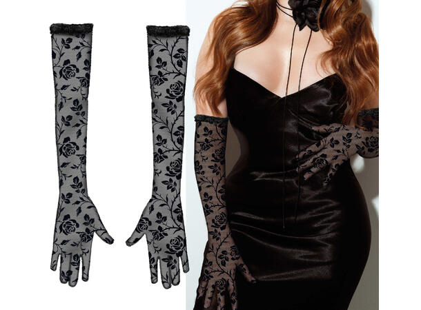 Blondehansker lange - Sorte m/blomster 1 Par hansker i polyester - 38cm 