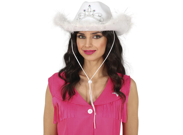 Cowboyhatt - Hvit m/pels 1 Hatt i filt til dame - Onesize 
