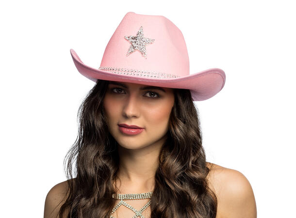 Cowboyhatt - Rosa m/glitter stjerne 1 Hatt til voksen - Onesize 
