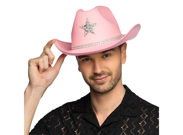 Cowboyhatt - Rosa m/glitter stjerne 1 Hatt til voksen - Onesize 