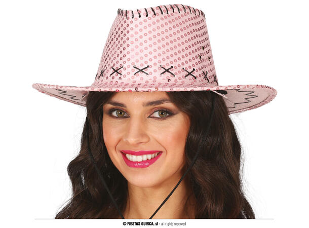 Cowboyhatt m/paljetter - Rosa 1 Hatt i polyester til voksen - Onesize 