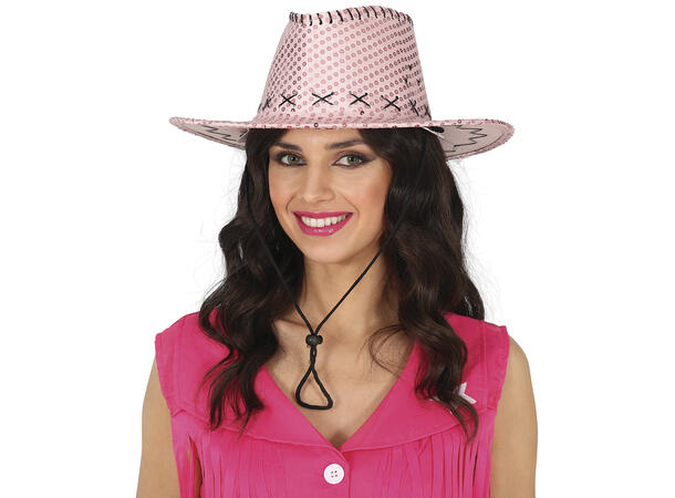 Cowboyhatt m/paljetter - Rosa 1 Hatt i polyester til voksen - Onesize 