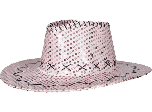 Cowboyhatt m/paljetter - Rosa 1 Hatt i polyester til voksen - Onesize 