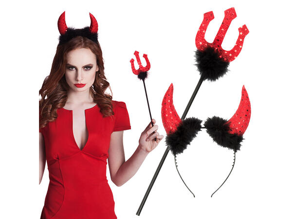 Djevelhorn og gaffel - Rødt 1 Sett med horn og gaffel - 40cm 