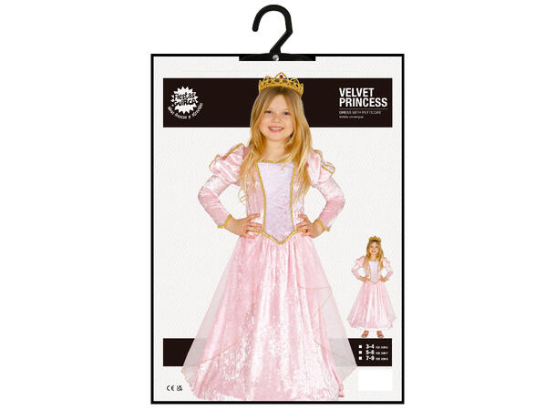 Fløyelsprinsesse - Rosa - lang kjole 1 Barnekostyme til jente - Str 5-6 År 
