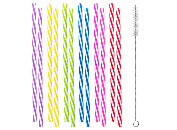 Gjenbrukbare sogerør - 6 farger 12 sugerør i plast m/børste - 21cm 