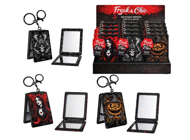 Halloween lommespeil - Assorterte design 1 Display med  12 nøkkelringer - 6x8,5cm 