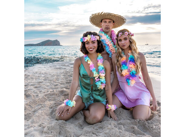 Hawaii sett - Pastellfarget Hodekrans, 2 armbånd, krans 