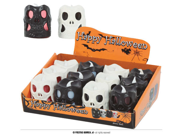 Hodeskallelykt med LED-lys - sort/hvit 1 Display med 12 LED-lykter - 6cm 