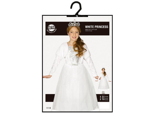 Hvit prinsesse - Lang kjole - De-luxe 1 Barnekostyme til jente - Str 5-6 År 