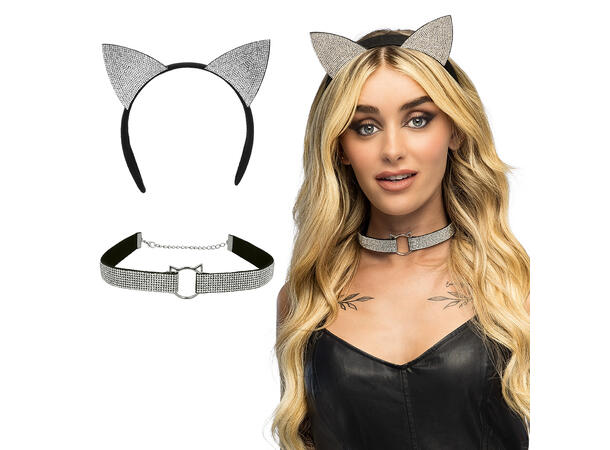 Hørbøyle og halskjede m/diamanter - Katt 1 Sett med 2 deler 