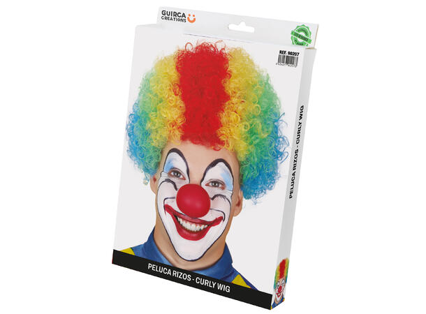 Klovneparykk m/krøller - Rainbow 1 Parykk i syntetisk hår til voksen 