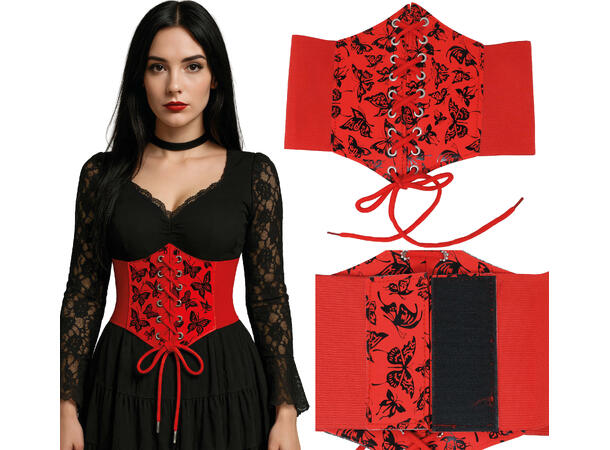 Korsett til voksen - Rød m/sommerfugler 1 Korsett i polyester - onesize 