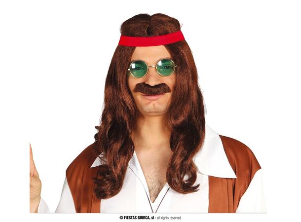 Lang parykk m/bart og hodebånd - 70-tall 1 Parykk i syntetisk hår - Herre 