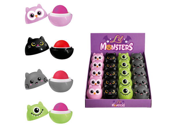 Leppepomade - 4 varianter - monster Display m/24 leppepomader til barn - 8g 