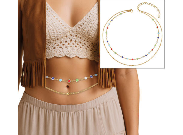 Magekjede i gull med fargede stener 1 Magekjede i metall/PVC 