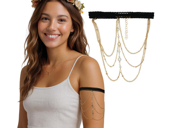 Overarmskjede i sort/gull m/sølvstener 1 Kjede til overarm i metall/PVC 