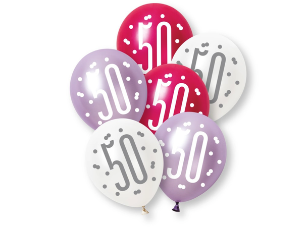 Rosa & Sølv Glitz - #50 6 Gummiballonger - 30cm (12") - 3 farger