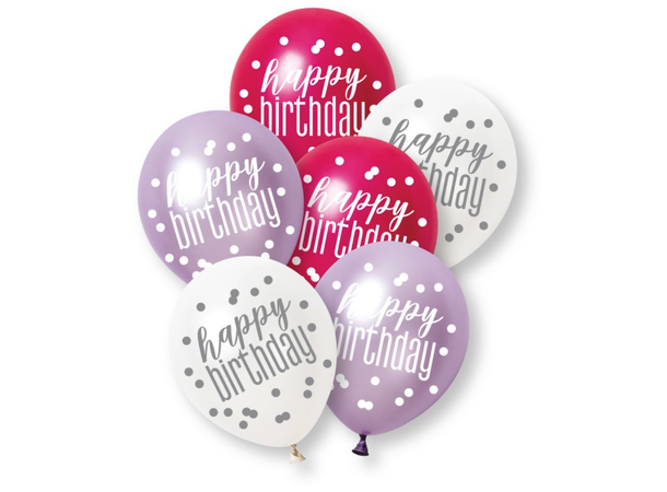 Rosa & Sølv Glitz - "Happy Birthday" 6 Gummiballonger - 30cm (12") - 3 farger