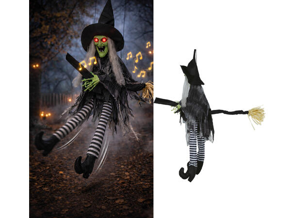 Skekkfigur - Hengende heks på kosteskaft 1 Figur m/lyd/lys/begegelse - 110cm 