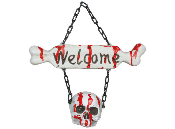 Skilt m/blodig skalle og  bein - WELCOME 1 Dekorasjon i PVC - 40x37cm 