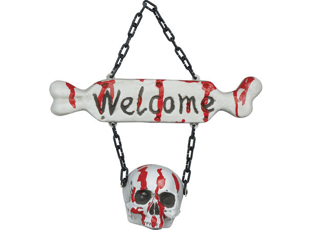 Skilt m/blodig skalle og  bein - WELCOME 1 Dekorasjon i PVC - 40x37cm 