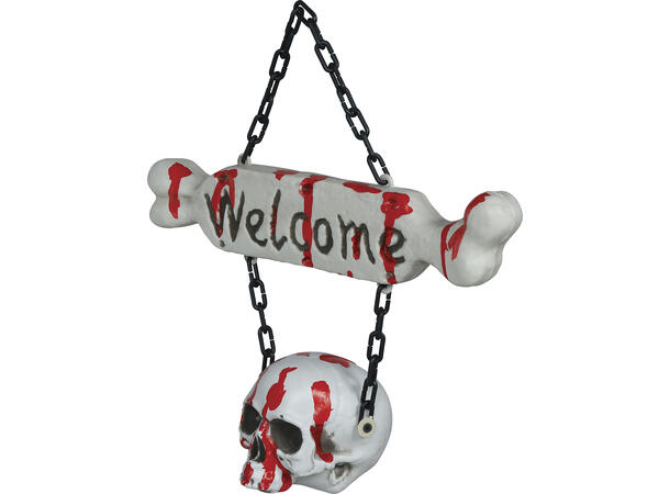 Skilt m/blodig skalle og  bein - WELCOME 1 Dekorasjon i PVC - 40x37cm 