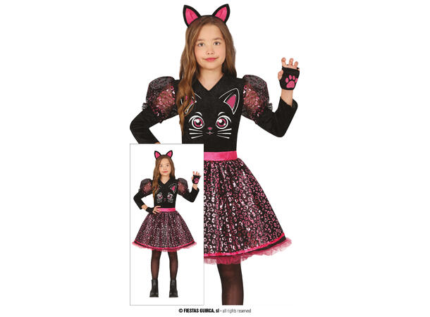 Sort og Rosa kattekostyme - kjole 1 Barnekostyme til jente - Str 5-6 År 