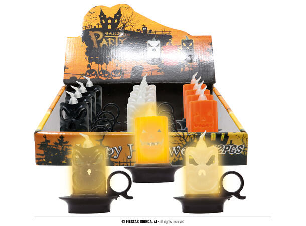 Stearinlys m/holder - 3 ass design Display med 12 LED-lys - 7x8cm 