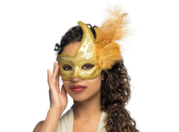 Øyemaske - Venezia - Gull m/Fjær 1 Øyemaske - Onesize 