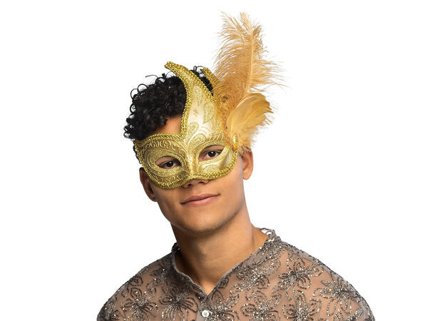 Øyemaske - Venezia - Gull m/Fjær 1 Øyemaske - Onesize 