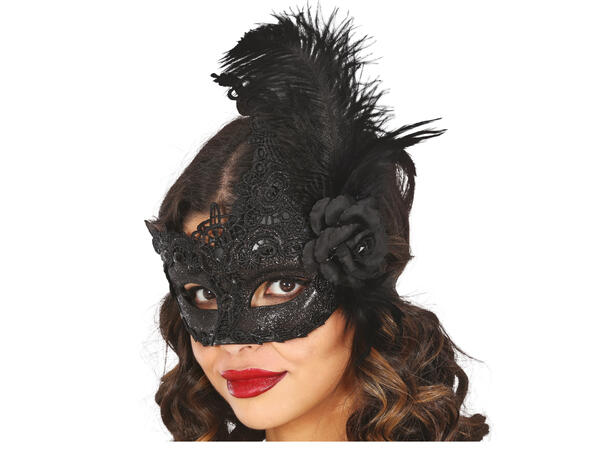 Øyemaske sort m blonder og fjær 1 Maske i EVA-skum 