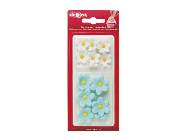 Kakedekor Margeritter - Lyseblå og hvit Spiselig kakedekor - 7 blå+ 7 hvite 