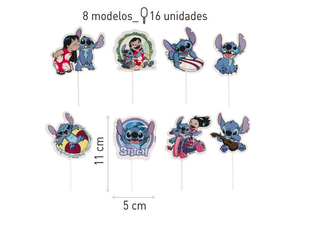 Kaketopper - Stitch 16 kaketopper på pinne i papir 