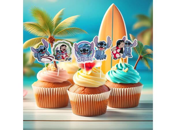 Kaketopper - Stitch 16 kaketopper på pinne i papir 