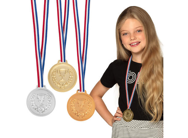 Vinnermedaljer - Gull, sølv, bronse 3 Medaljer i plast med snor - 6cm 