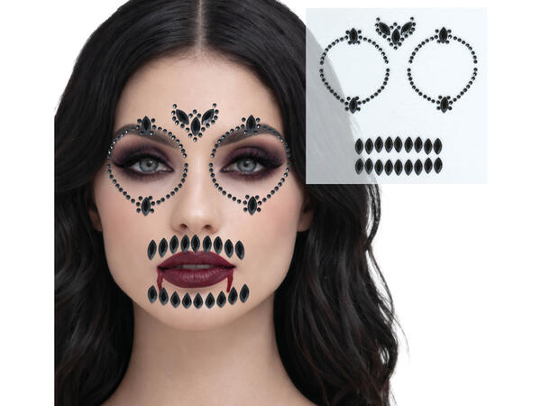 Ansiktskrystaller - Sort Hodeskalle 1 Ark med selvklebende stener - 13x15cm 