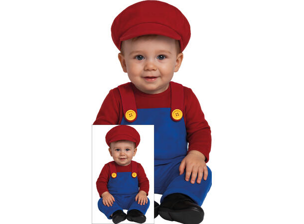 Baby Italiensk rørlegger - rød/blå 1 Babykostyme til gutt - Str 12-18 Mnd 