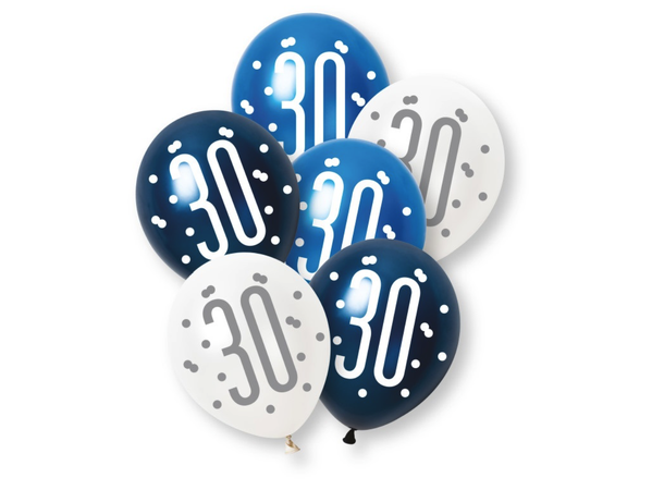 Blå & Sølv Glitz - #30 6 Gummiballonger - 30cm (12") - 3 farger