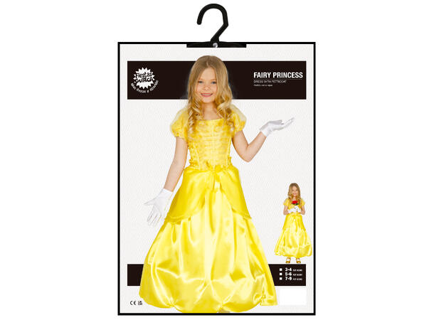 Eventyrprinsesse - Gul lang kjole 1 Barnekostyme til jente - Str 5-6 År 