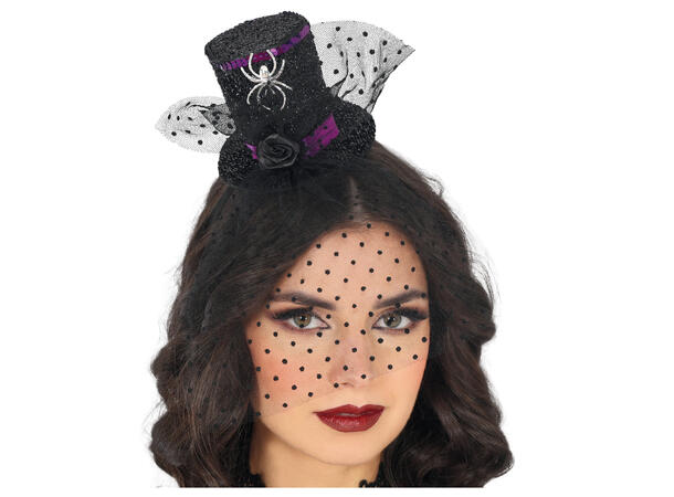 Flosshatt - mini - sort m/slør 1 Hatt m/strikk i polyester 