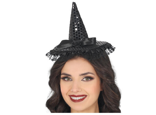 Heksehatt - mini - sort m/paljetter 1 Hatt m/strikk i polyester 