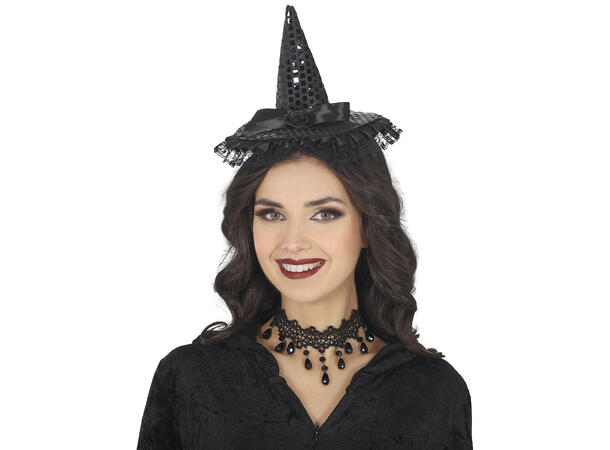 Heksehatt - mini - sort m/paljetter 1 Hatt m/strikk i polyester 
