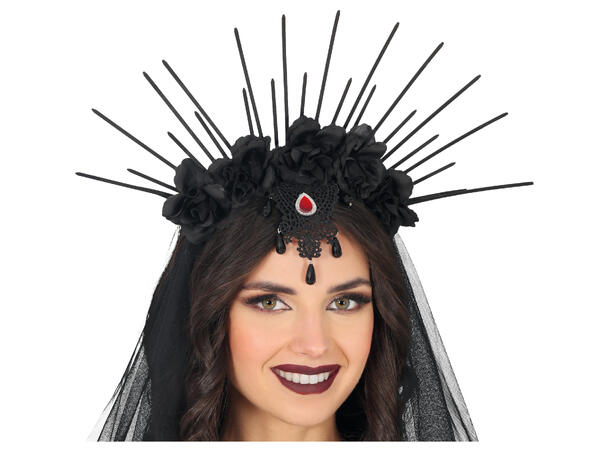 Hårbøyle med sorte blomster og slør 1 Hårbøyle i PVC/Polyester 